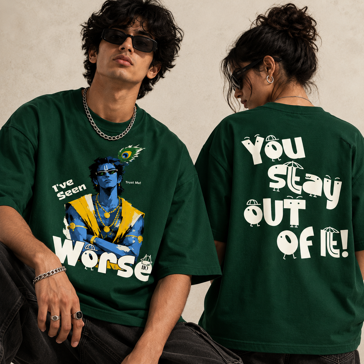 Krishna Oversized Graphic T-Shirt – Green